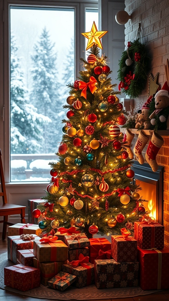 A decorated Christmas tree with gifts and a cozy fireplace in a winter setting.